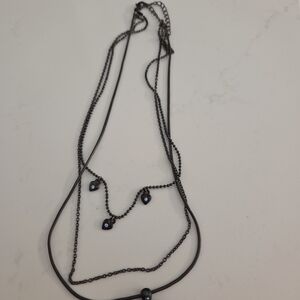 Layered Chain Necklace With Heart Charms And Light Blue Stones